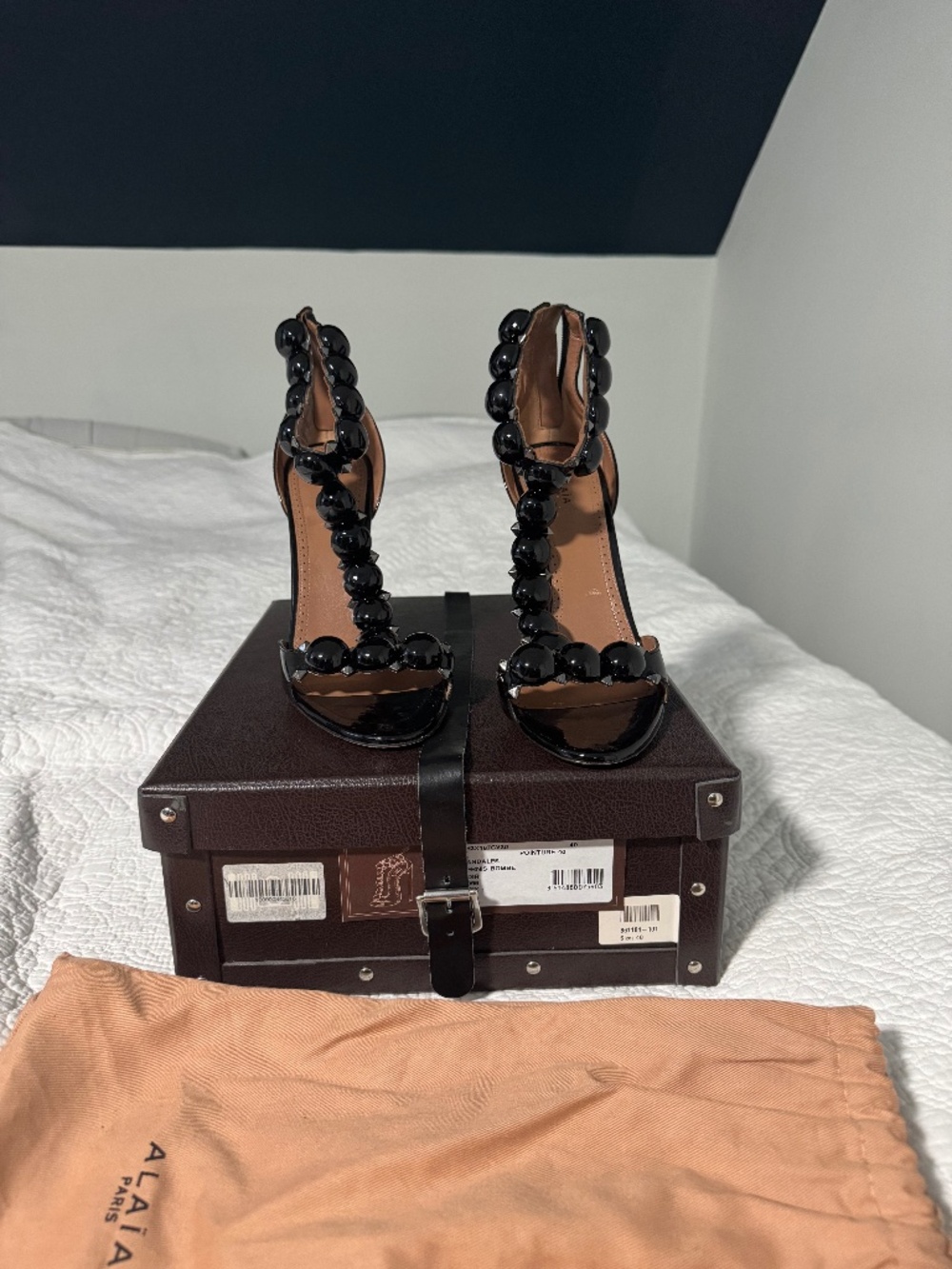 Alaïa La Bombe Black Patent Leather T-Strap Beaded Heels Women's EU 40